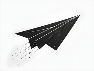 "Tiny paper airplane with a dotted motion trail in thin black lines."