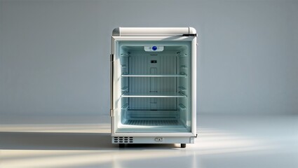 Photorealistic image of a mini fridge with transparent glass door in a studio setting