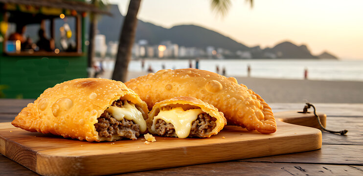 Brazilian pastel, crispy fried pastry filled with cheese and ground beef