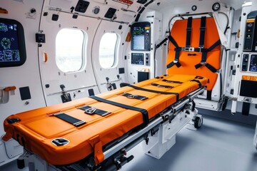 Interior view of a helicopter featuring an unused medical stretcher.