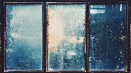 A triptych of muted blue panels encased in a dark frame.