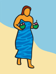 Woman with fresh coconut drinks walking on a beach 