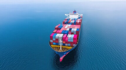 Fototapeta premium A large cargo ship carrying colorful shipping containers sails across calm blue ocean waters.