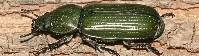 Naklejka premium Shiny green beetle perched on textured wood surface.