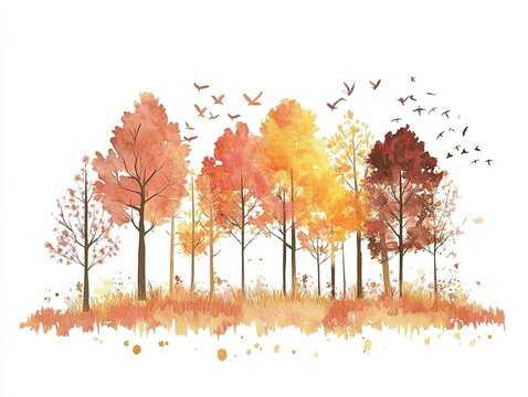 Fantasy forest silhouette drawn in soft watercolor style, vibrant autumn colors blend harmoniously on a clean white background, dreamy feel in fairy tale book illustration style