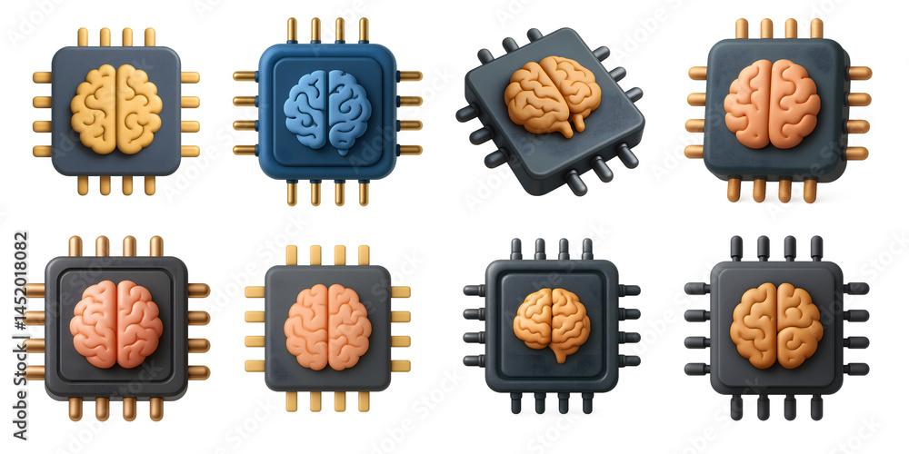 Poster collection of 3d microchip icons with human brain concept, artificial intelligence processors, creat