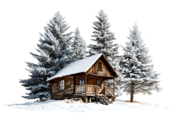 Cozy wooden cabin in snowy forest. Winter wonderland scene.