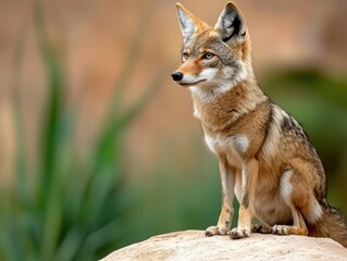 Fototapeta premium coyote sitting on a rock looking to the side