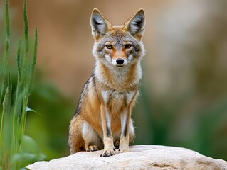 Coyote sitting on a rock
