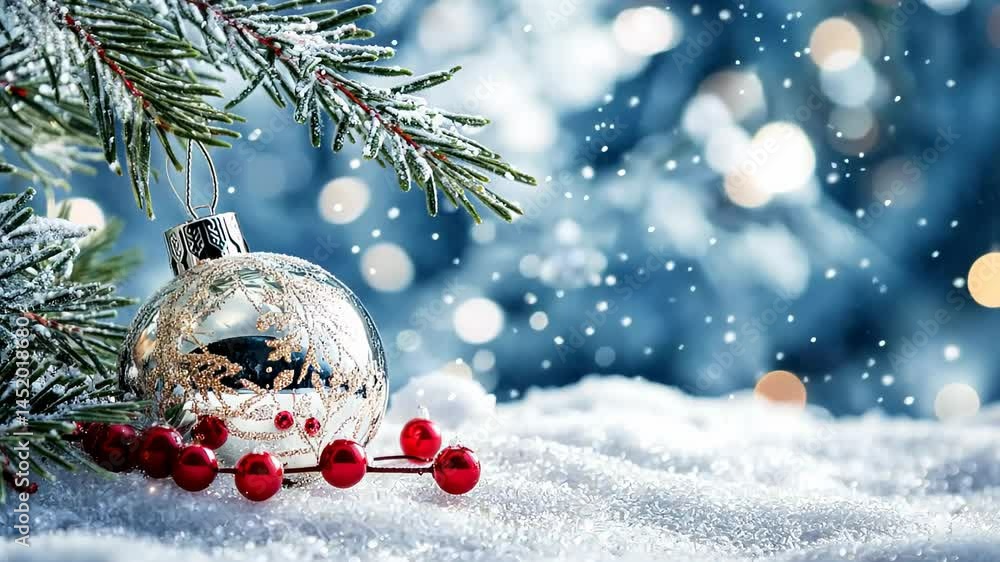Poster capturing the magic of winter wonderland with sparkling ornaments and falling snowflakes in a festiv