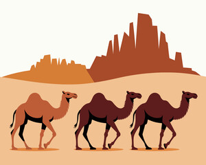 Caravan of Camels Walking Through Desert Landscape Vector Graphic