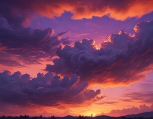 Fototapeta premium Fiery orange and purple clouds bleed across a vibrant, twilight sky , dramatic, blaze, radiant