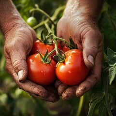 Hands holding freshly picked ripe tomatoes