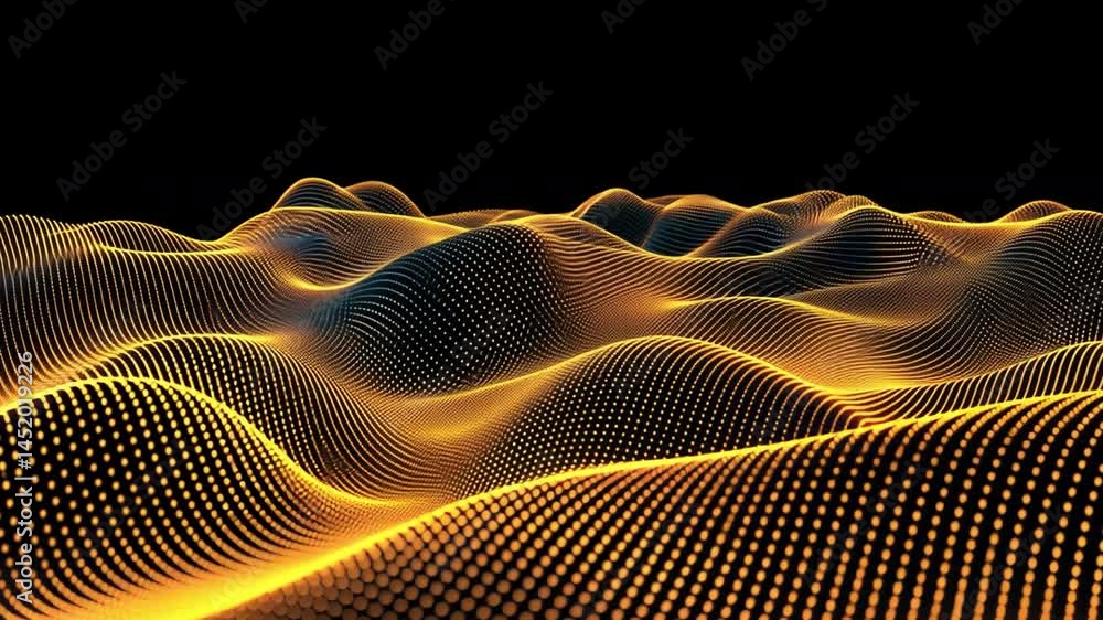 Poster mesmerizing digital landscape with flowing waves of golden light against dark background, showcasing