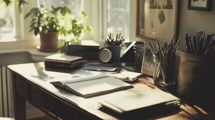 Fototapeta premium Desk with plant and art supplies bathed in sunlight. Cozy, creative workspace.