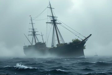 Fototapeta premium windward shipwreck partially submerged, with torn sails and marine growth, eerie fog, post apocalyptic aesthetic