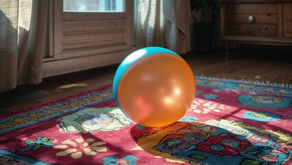 Photorealistic image of a bouncy ball on a school desk