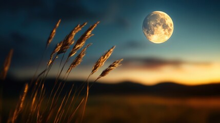 Full Moon over Field with Wheat