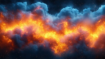 Fototapeta premium Fiery, swirling clouds against a dark sky. Blazing orange and yellow flames interweave with dark, stormy blue clouds