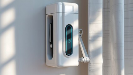 Photorealistic image of a automatic curtain opener remote with soft white backdrop