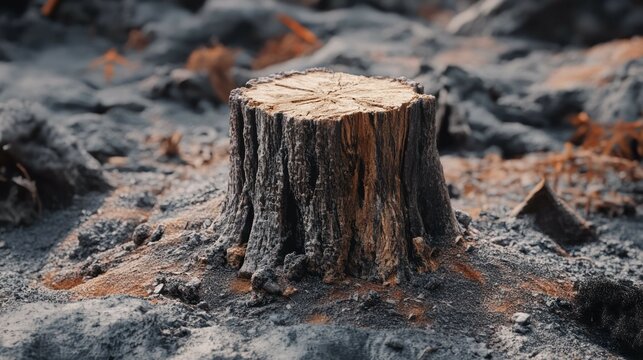 A solitary tree stump stands in a barren, deforested landscape.