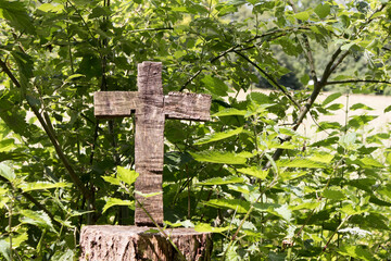 Wooden crucifix at Munich Way of St. James, Bavaria, Germany