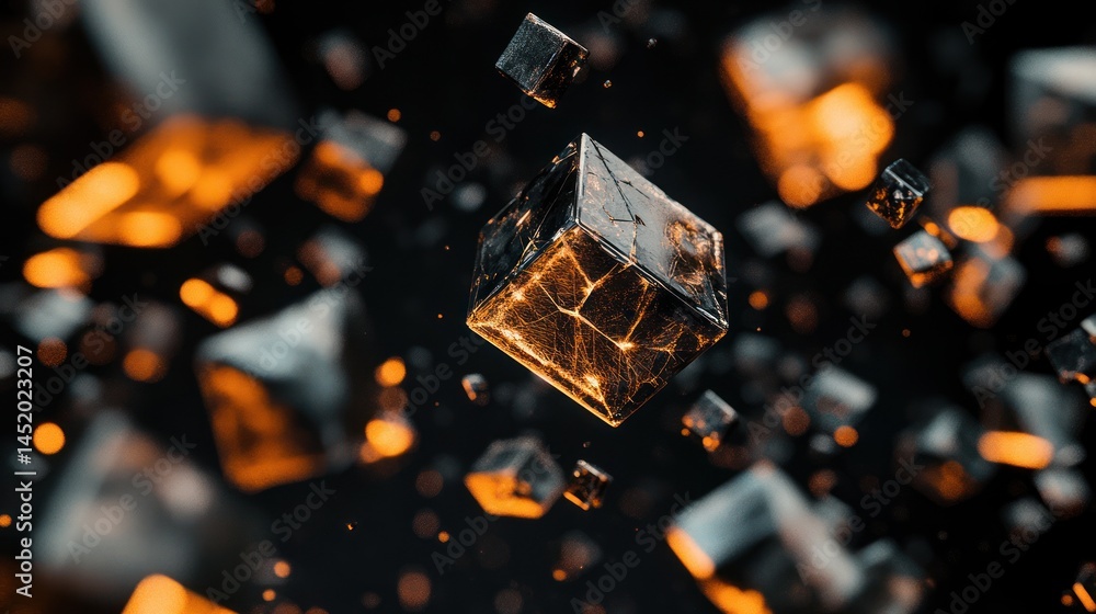 Aufkleber glowing cubes float in dark space; abstract background; data visualization
