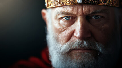Majestic elderly man with a regal expression wearing a golden crown, captured in dramatic lighting against a dark background