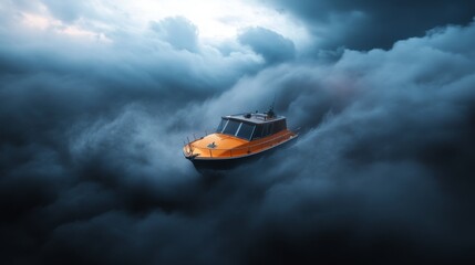 Rescue boat navigating through dark storm clouds at dusk with dramatic lighting and intense atmosphere