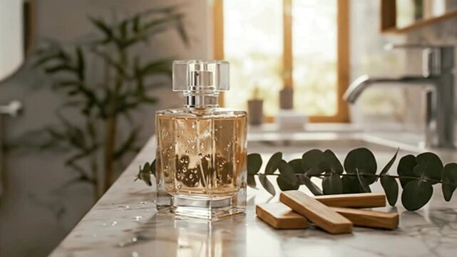 Perfume bottle, luxurious, displayed in modern bathroom
