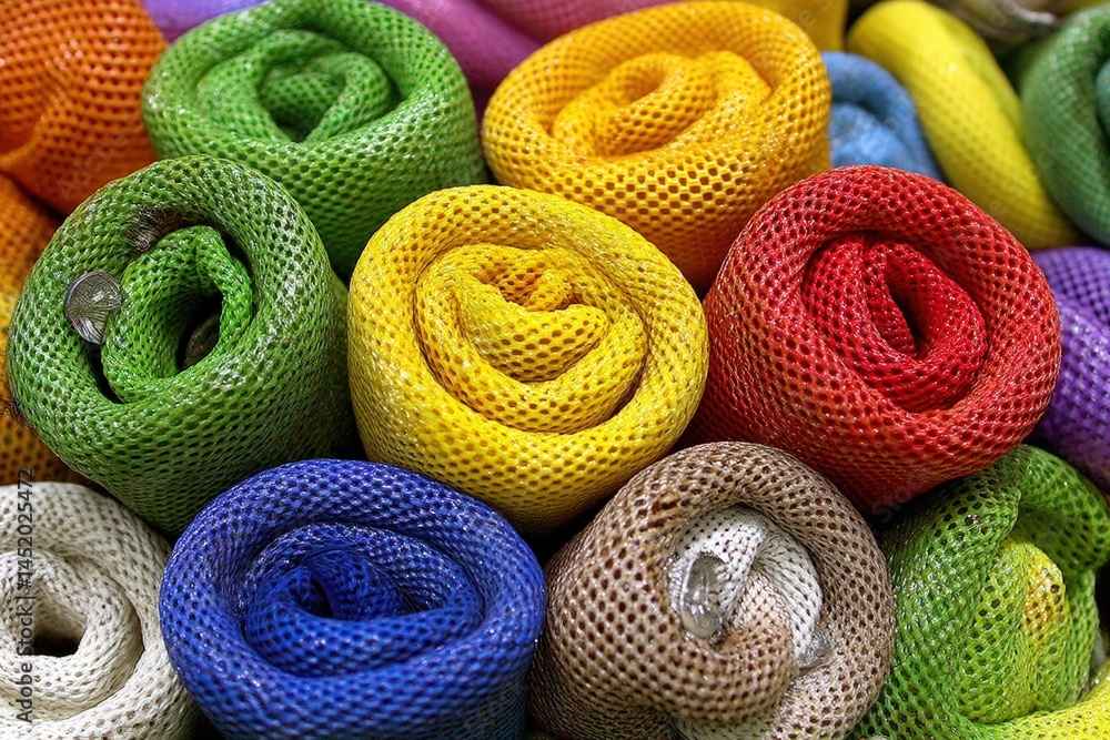 Poster colorful rolls of netting material stacked in a vibrant display.