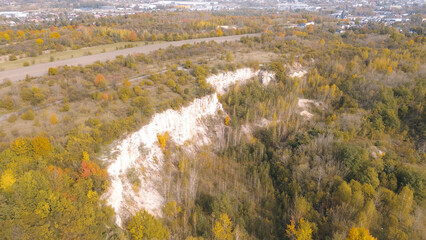 Nature scene cliff with autumn trees aerial view