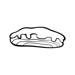 Minimalist vector doodle of an eclair with shiny glaze and cream filling. Clean, outlined style. Ideal for bakery designs, dessert menus, or sweet-themed products. Flat vector illustration.