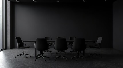Dark modern office meeting room, empty chairs, city view