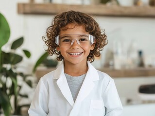 Happy Hispanic boy in lab coat and safety glasses in laboratory