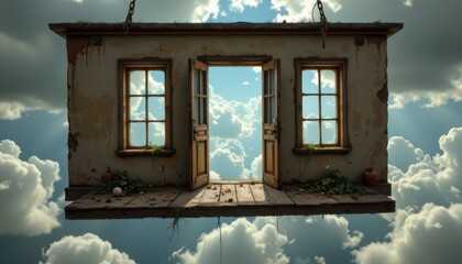 surreal dreamscape of a drafty room suspended in midair, doors and windows open to a cloudy sky beyond
