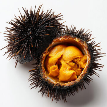 Fresh sea urchin shell opened to reveal golden roe, showcasing rich and exotic delicacy