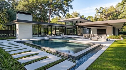Elegant modern home featuring a serene swimming pool.