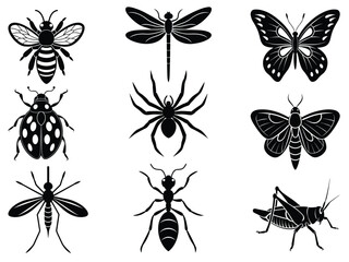 set of Insects silhouette vector on white background a bundle in 9 insects