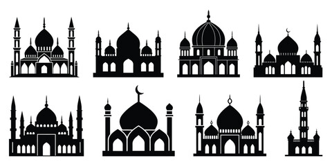 Set of Mosque silhouette vector illustration on white background a bundle of 8 mosque