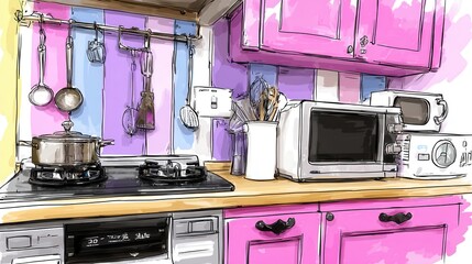 Minimalist Daily Life Kitchen Doodle Art with Colorful Cabinets and Modern Appliances for Creative Inspiration and Home Decor