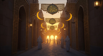 A Mystical Pathway Illuminated by Crescent Moons for Eid Mubarak Celebration