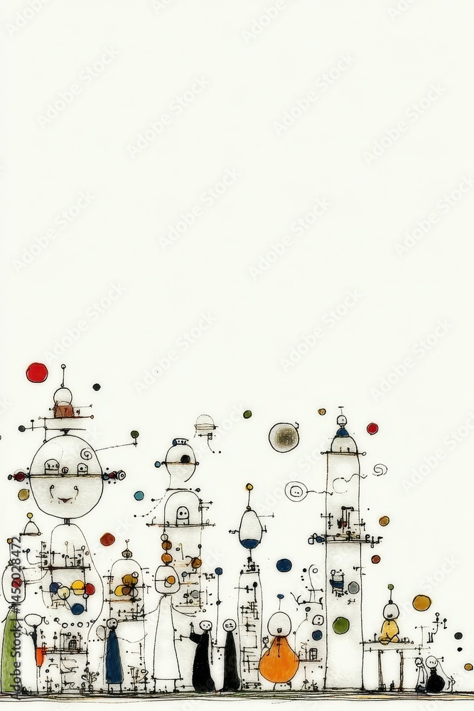 Poster minimalist doodle art of daily life activities featuring creative characters and colorful elements i