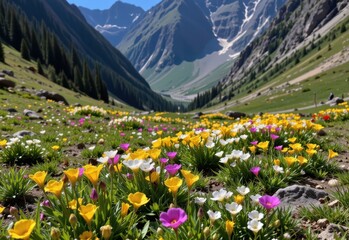 Fototapeta premium wildflowers growing in the sheltered leeward side of a valley, vibrant colors contrasting with rocky cliffs