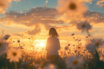 Obraz premium Landscape of white daisy blooms flowers nature golden.
