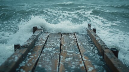 Fototapeta premium A tranquil wooden pier extends into a turbulent sea. Waves crash against the weathered boards, creating a stunning contrast of calm and chaos. Generative AI