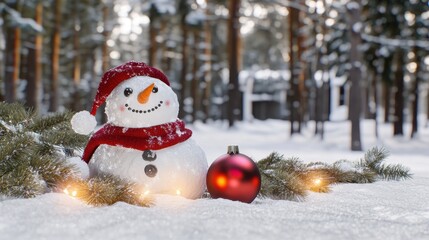 Cheerful snowman wearing a red hat and scarf, surrounded by festive decorations in a snowy forest