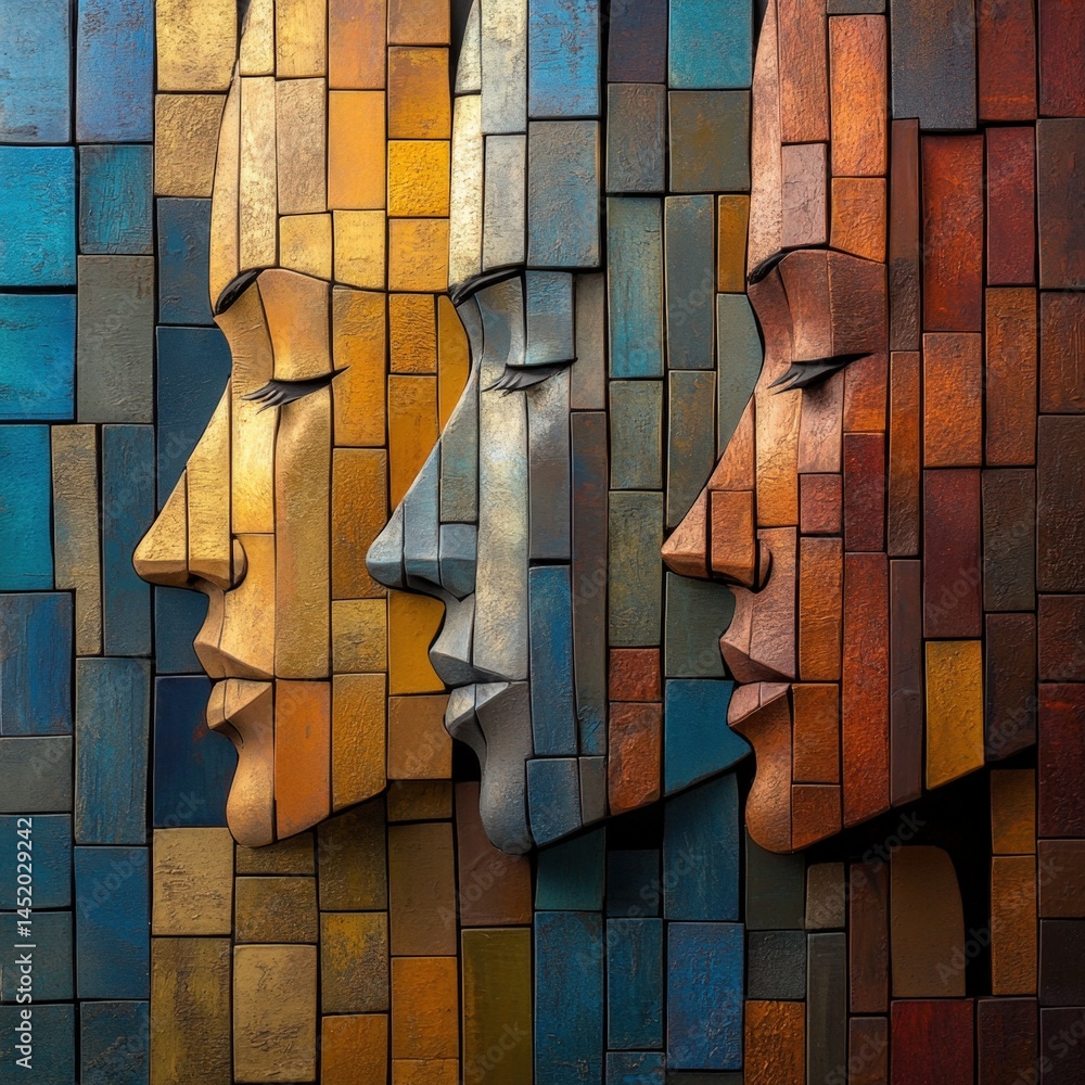Poster three faces made of colored blocks on a textured background