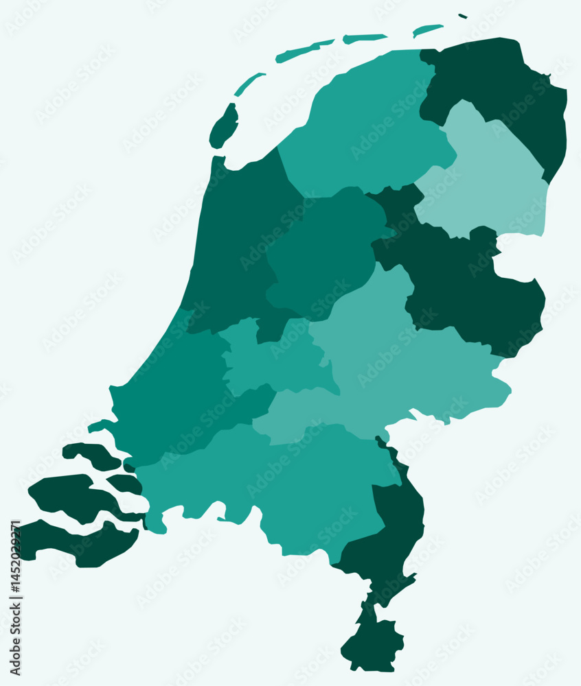 Poster map of netherlands with regions. just a simple country border map with region division. teal color p