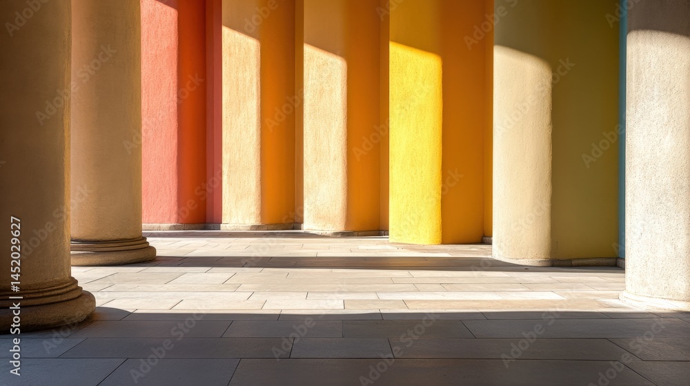 Poster colorful columns casting shadows on a tiled floor